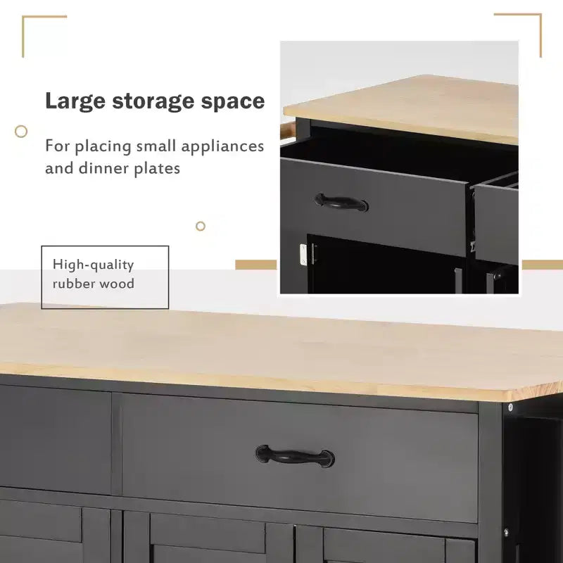 Carro de cocina con ruedas y encimera de madera maciza, ruedas con bloqueo, 137.9 cm de ancho, armario de 4 puertas y dos cajones, especiero