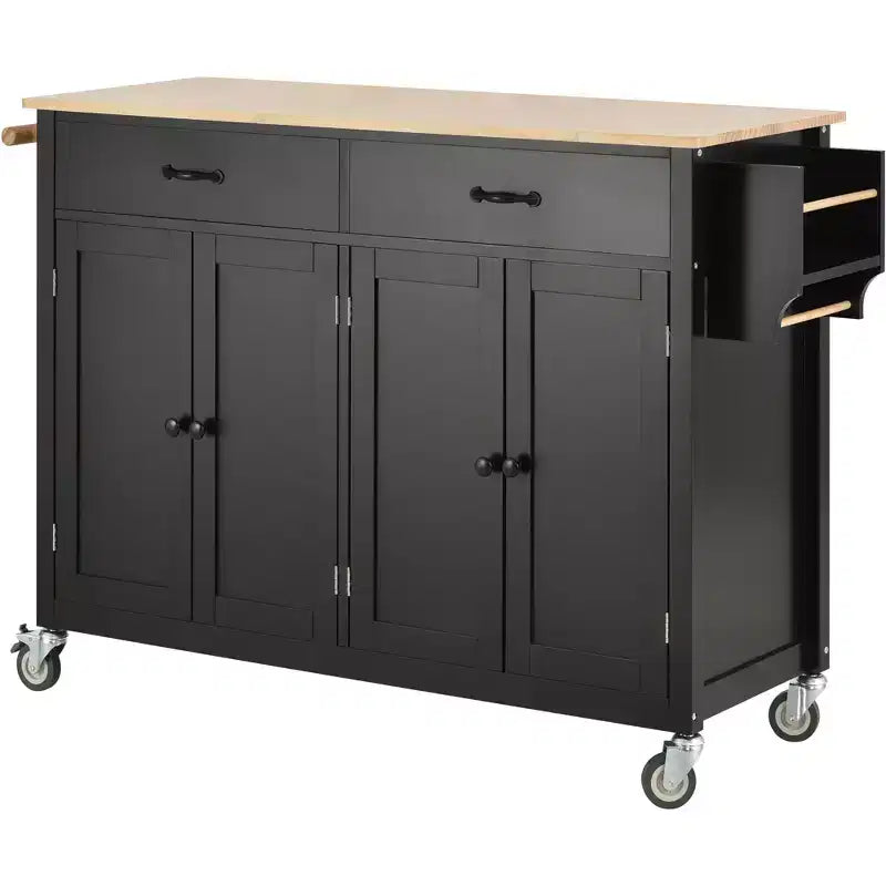 Carro de cocina con ruedas y encimera de madera maciza, ruedas con bloqueo, 137.9 cm de ancho, armario de 4 puertas y dos cajones, especiero