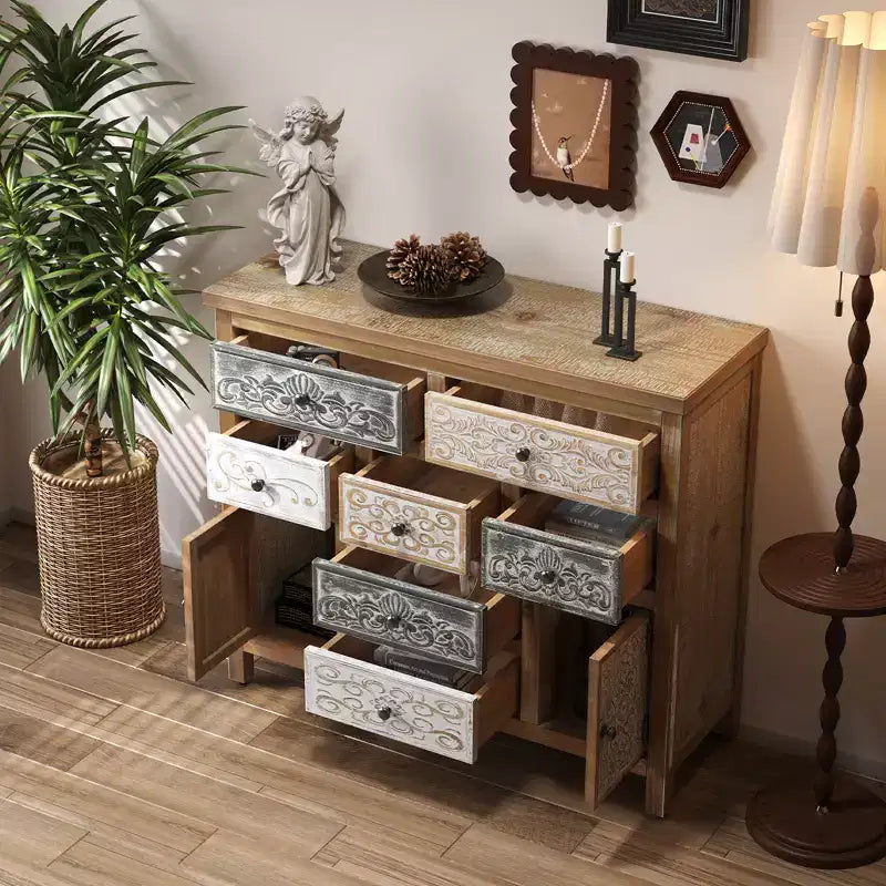 GDFStudio Lira 39.37'' Cómoda auxiliar vintage de madera con 7 cajones y 2 puertas