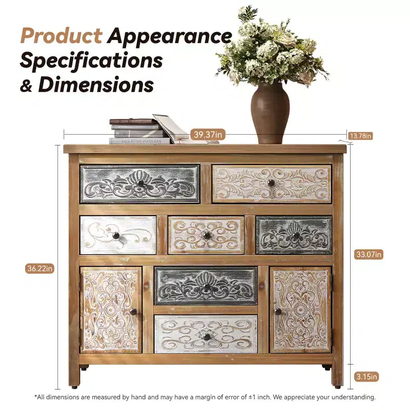GDFStudio Lira 39.37'' Cómoda auxiliar vintage de madera con 7 cajones y 2 puertas