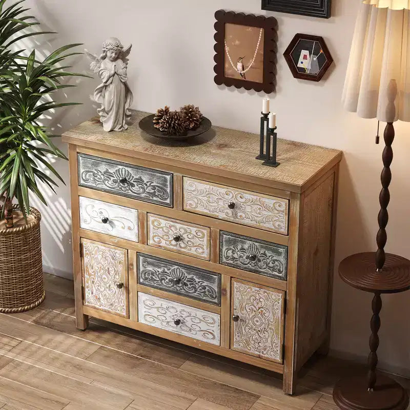 GDFStudio Lira 39.37'' Cómoda auxiliar vintage de madera con 7 cajones y 2 puertas