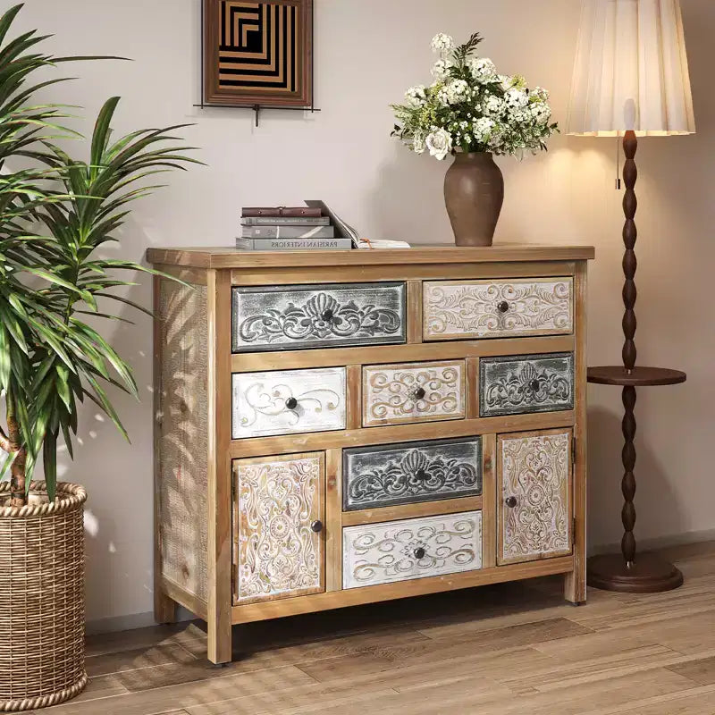 GDFStudio Lira 39.37'' Cómoda auxiliar vintage de madera con 7 cajones y 2 puertas