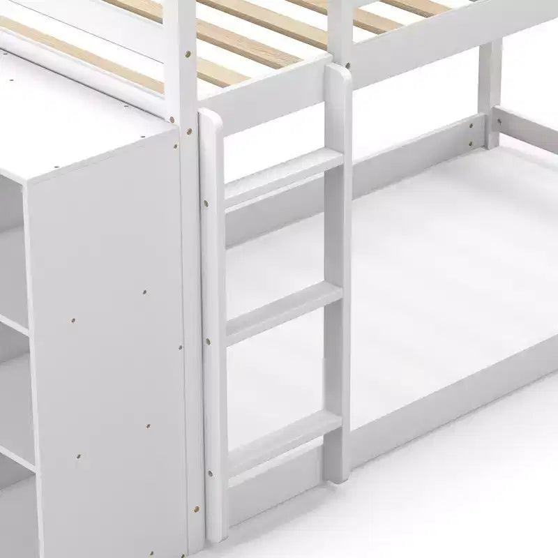 Costway litera doble sobre doble, marco de madera, estantes de almacenamiento, escalera, barandillas para niños, blanco