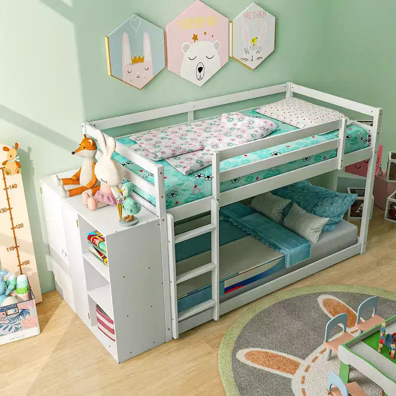 Costway litera doble sobre doble, marco de madera, estantes de almacenamiento, escalera, barandillas para niños, blanco