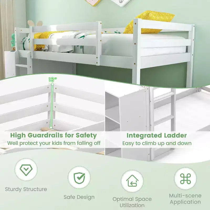 Costway litera doble sobre doble, marco de madera, estantes de almacenamiento, escalera, barandillas para niños, blanco
