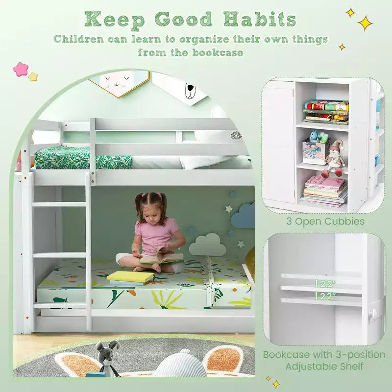 Costway litera doble sobre doble, marco de madera, estantes de almacenamiento, escalera, barandillas para niños, blanco