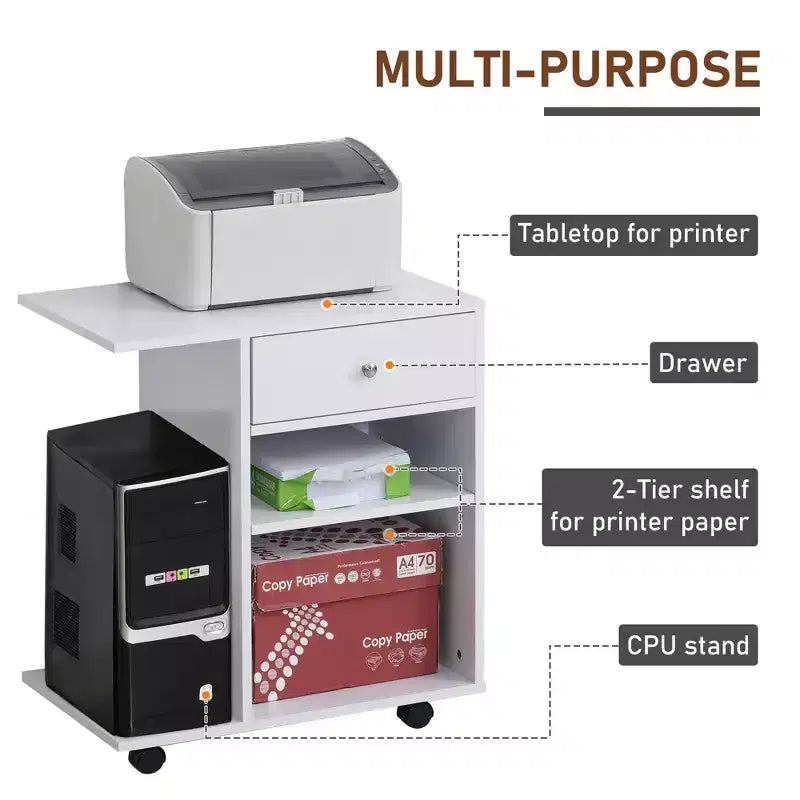 Soporte para impresora móvil, carro archivador rodante con ruedas, estante ajustable, cajón y soporte para CPU