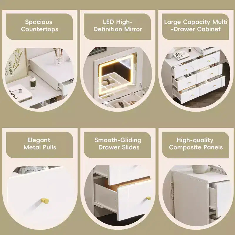 Tocador Okak con espejo abatible, tocador vintage con 7 cajones, 3 estantes y 9 compartimentos, tocador compacto para dormitorio, sala de estar