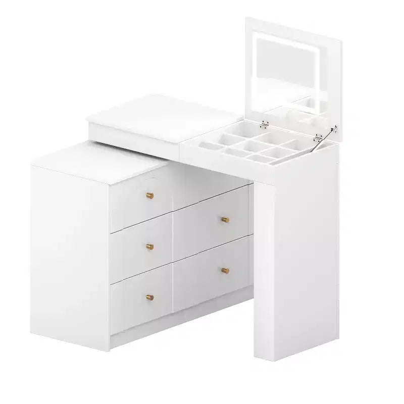 Tocador Okak con espejo abatible, tocador vintage con 7 cajones, 3 estantes y 9 compartimentos, tocador compacto para dormitorio, sala de estar