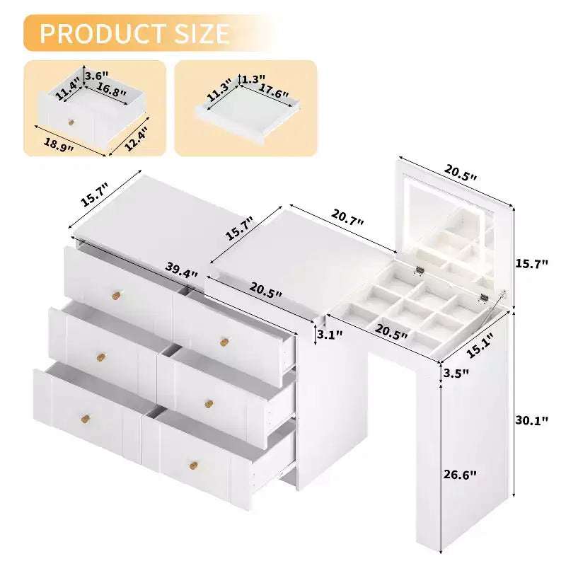 Tocador Okak con espejo abatible, tocador vintage con 7 cajones, 3 estantes y 9 compartimentos, tocador compacto para dormitorio, sala de estar
