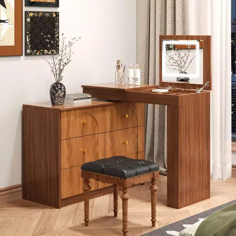Tocador Okak con espejo abatible, tocador vintage con 7 cajones, 3 estantes y 9 compartimentos, tocador compacto para dormitorio, sala de estar
