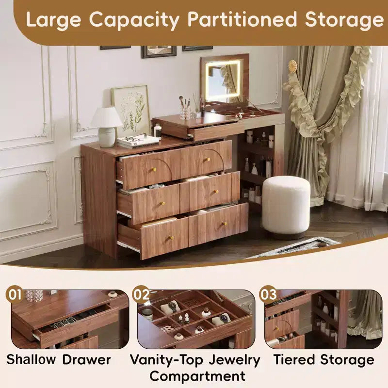 Tocador Okak con espejo abatible, tocador vintage con 7 cajones, 3 estantes y 9 compartimentos, tocador compacto para dormitorio, sala de estar
