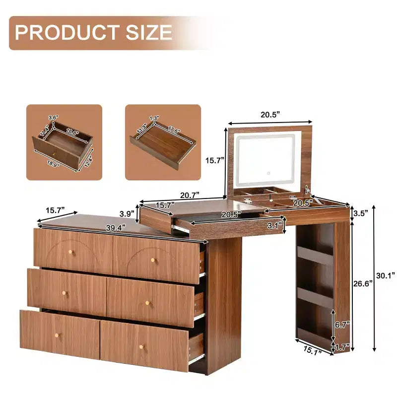 Tocador Okak con espejo abatible, tocador vintage con 7 cajones, 3 estantes y 9 compartimentos, tocador compacto para dormitorio, sala de estar
