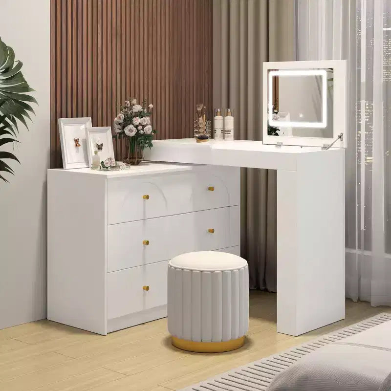 Tocador Okak con espejo abatible, tocador vintage con 7 cajones, 3 estantes y 9 compartimentos, tocador compacto para dormitorio, sala de estar