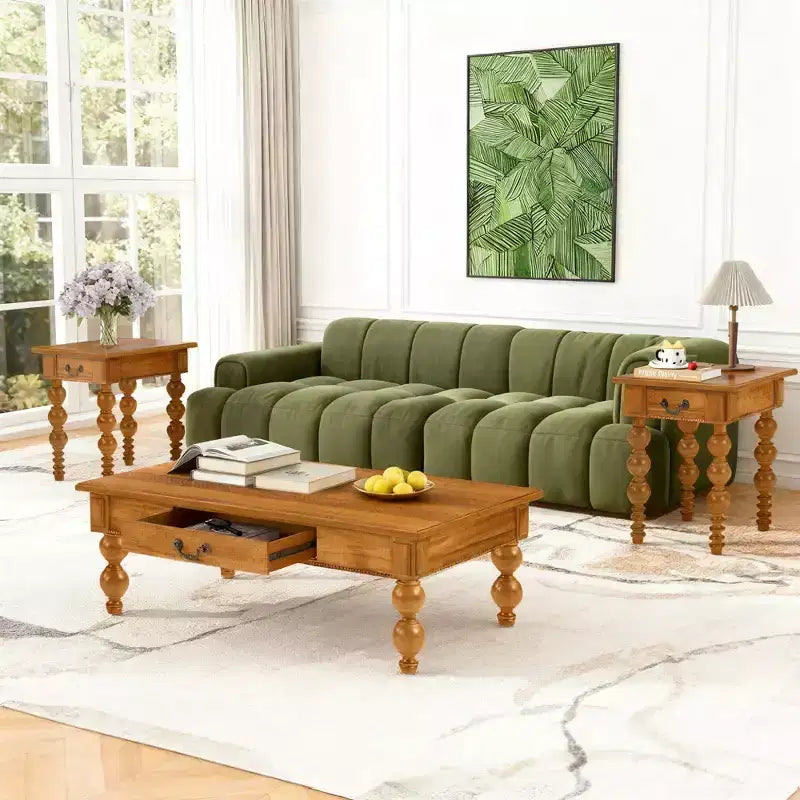 Juego de 3 mesas de centro de madera maciza Luxystar con cajón, incluye 1 mesa de centro vintage y 2 mesas auxiliares para sala de estar