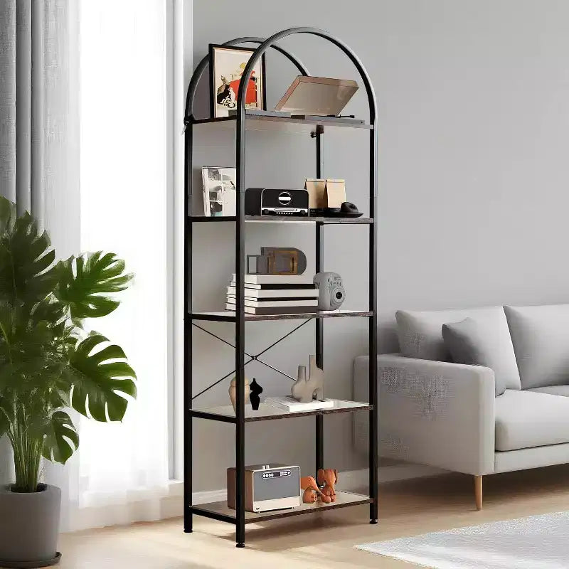 Estantería de 5 niveles, estantes de exhibición arqueados, estante alto para CD/libros, estante de almacenamiento moderno, estantería grande de madera para dormitorio, sala de estar, oficina en casa