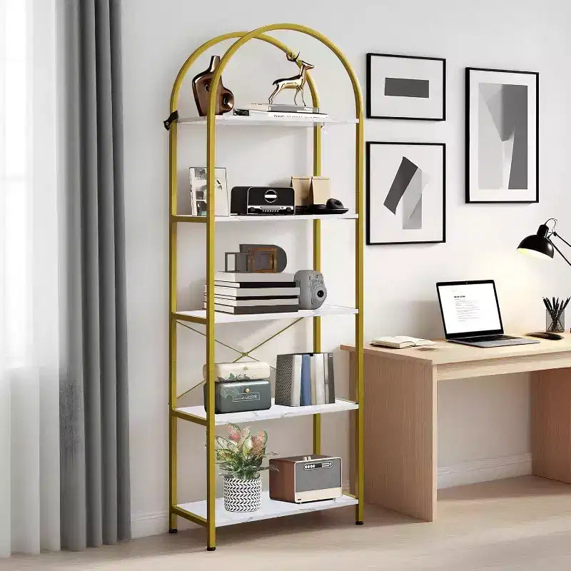 Estantería de 5 niveles, estantes de exhibición arqueados, estante alto para CD/libros, estante de almacenamiento moderno, estantería grande de madera para dormitorio, sala de estar, oficina en casa