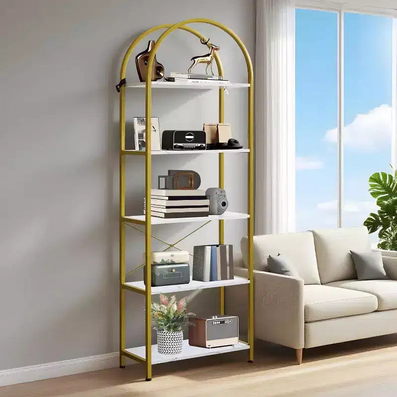 Estantería de 5 niveles, estantes de exhibición arqueados, estante alto para CD/libros, estante de almacenamiento moderno, estantería grande de madera para dormitorio, sala de estar, oficina en casa