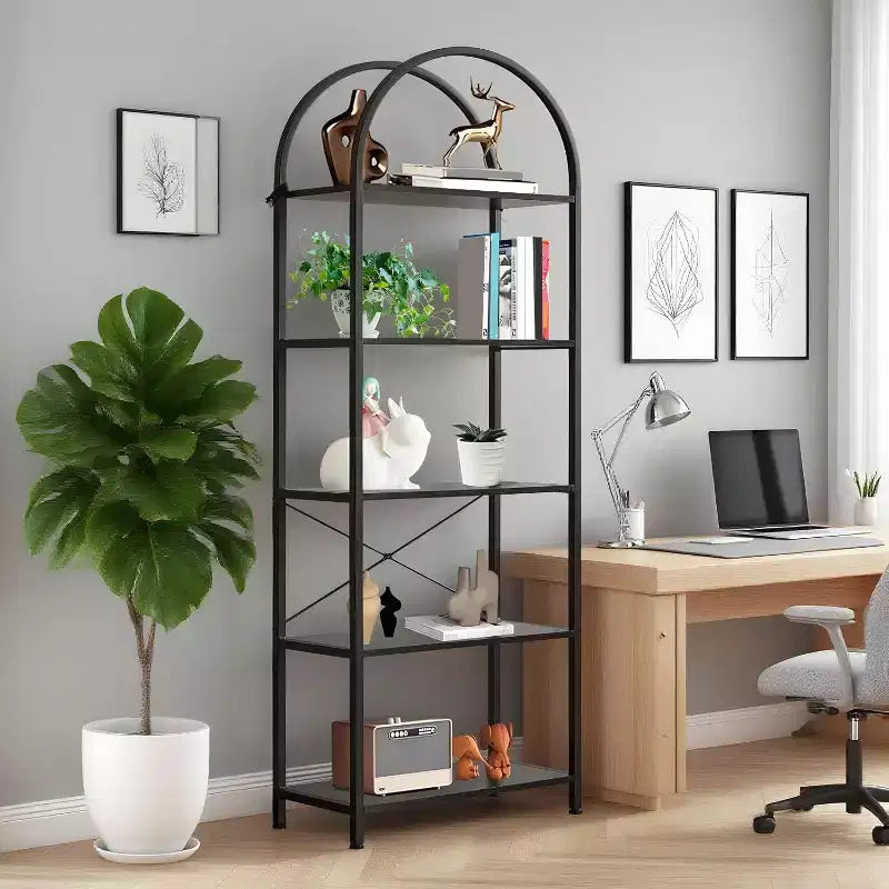 Estantería de 5 niveles, estantes de exhibición arqueados, estante alto para CD/libros, estante de almacenamiento moderno, estantería grande de madera para dormitorio, sala de estar, oficina en casa