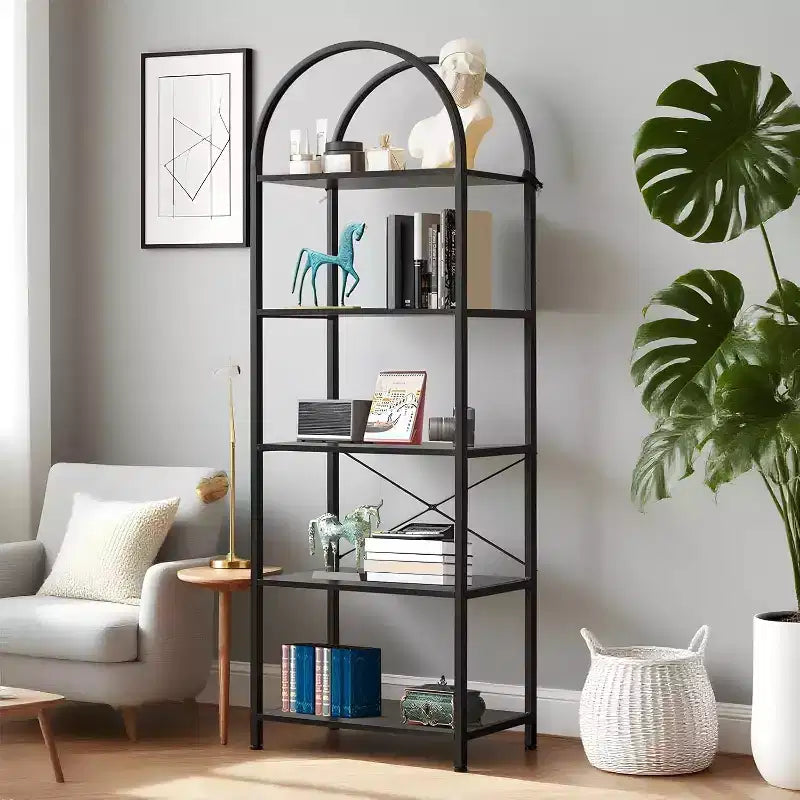 Estantería de 5 niveles, estantes de exhibición arqueados, estante alto para CD/libros, estante de almacenamiento moderno, estantería grande de madera para dormitorio, sala de estar, oficina en casa