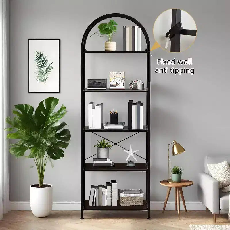 Estantería de 5 niveles, estantes de exhibición arqueados, estante alto para CD/libros, estante de almacenamiento moderno, estantería grande de madera para dormitorio, sala de estar, oficina en casa