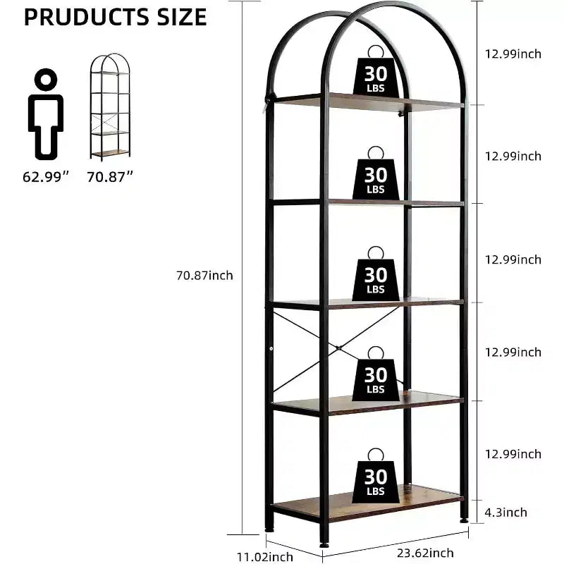 Estantería de 5 niveles, estantes de exhibición arqueados, estante alto para CD/libros, estante de almacenamiento moderno, estantería grande de madera para dormitorio, sala de estar, oficina en casa