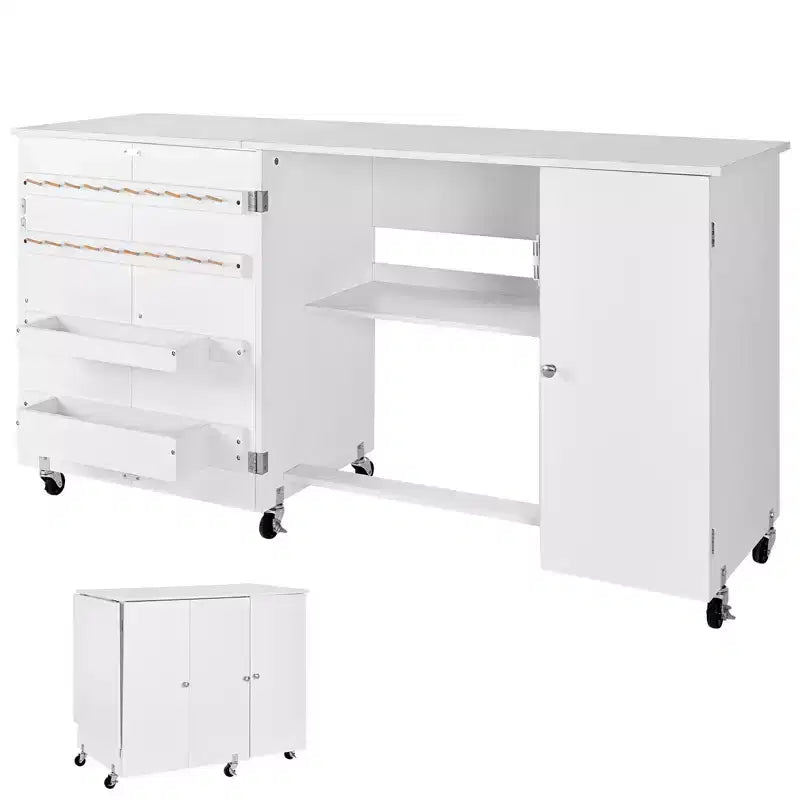 VEVOR Folding Sewing Table, Multipurpose Sewing Machine Table with Cabinet, Compact Design, Wheels, Wooden Pegs, Storage Trays and Shelf, White