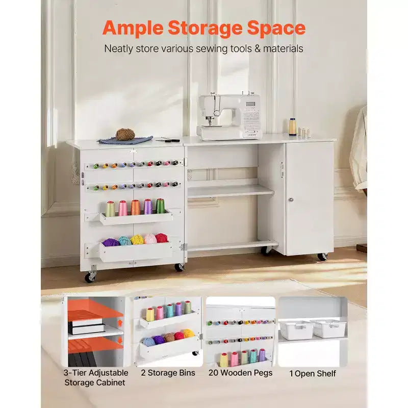 Mesa de Costura Plegable VEVOR, Mesa Multiusos para Máquina de Coser con Gabinete, Diseño Compacto, Ruedas, Clavijas de Madera, Bandejas de Almacenamiento y Estante, Blanca
