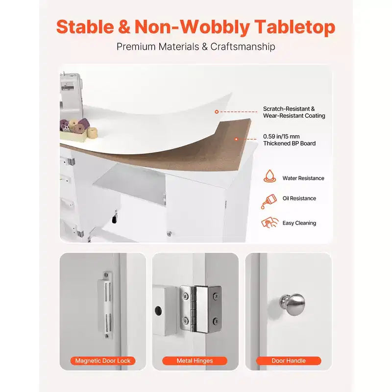 Mesa de Costura Plegable VEVOR, Mesa Multiusos para Máquina de Coser con Gabinete, Diseño Compacto, Ruedas, Clavijas de Madera, Bandejas de Almacenamiento y Estante, Blanca