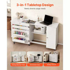 Mesa de Costura Plegable VEVOR, Mesa Multiusos para Máquina de Coser con Gabinete, Diseño Compacto, Ruedas, Clavijas de Madera, Bandejas de Almacenamiento y Estante, Blanca