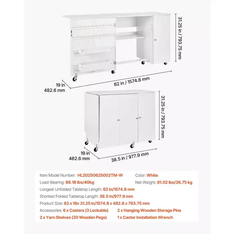 Mesa de Costura Plegable VEVOR, Mesa Multiusos para Máquina de Coser con Gabinete, Diseño Compacto, Ruedas, Clavijas de Madera, Bandejas de Almacenamiento y Estante, Blanca