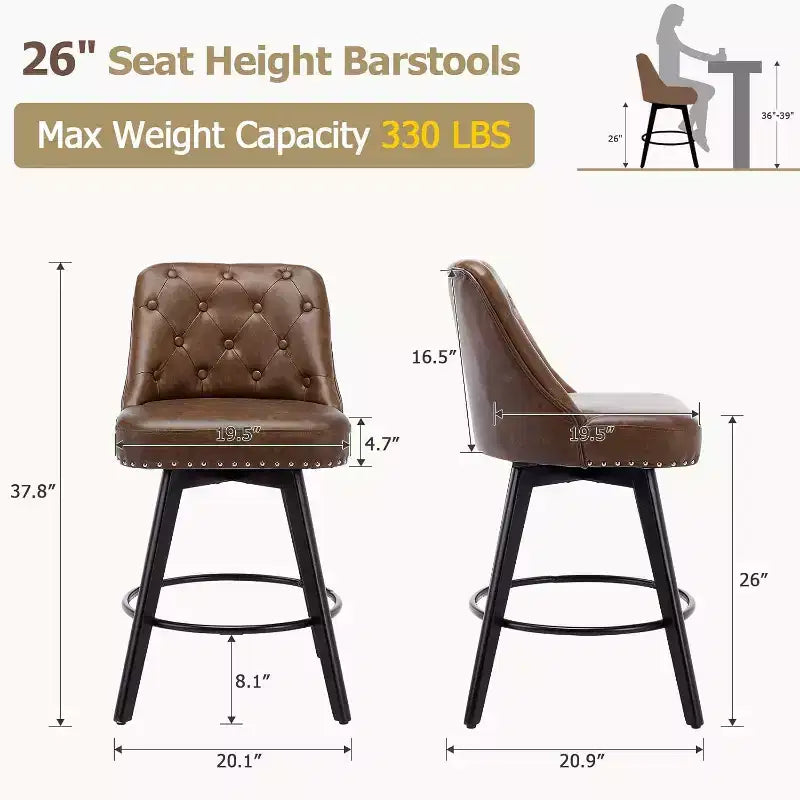 Juego de 2 taburetes de bar modernos giratorios, tapizados, reposapiés, respaldo y patas de metal, taburetes de bar de altura de encimera modernos para bar, isla de cocina