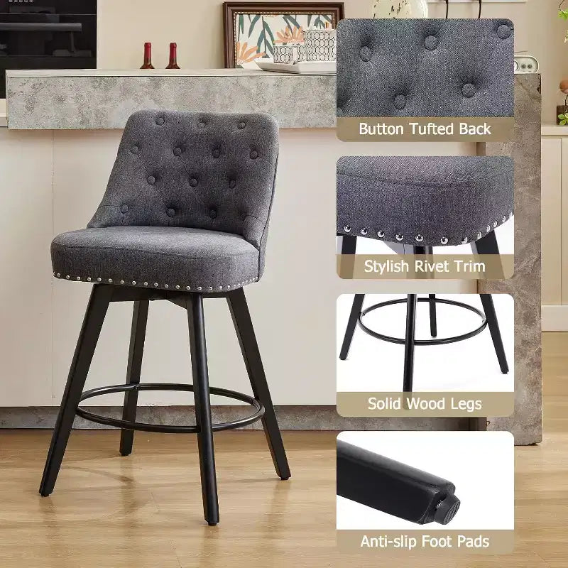 Juego de 2 taburetes de bar modernos giratorios, tapizados, reposapiés, respaldo y patas de metal, taburetes de bar de altura de encimera modernos para bar, isla de cocina