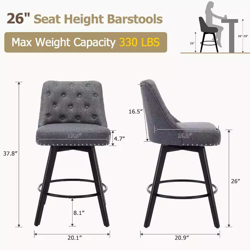 Juego de 2 taburetes de bar modernos giratorios, tapizados, reposapiés, respaldo y patas de metal, taburetes de bar de altura de encimera modernos para bar, isla de cocina