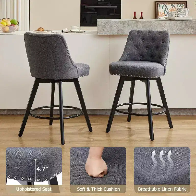 Juego de 2 taburetes de bar modernos giratorios, tapizados, reposapiés, respaldo y patas de metal, taburetes de bar de altura de encimera modernos para bar, isla de cocina