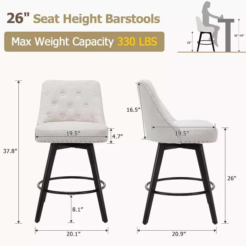 Juego de 2 taburetes de bar modernos giratorios, tapizados, reposapiés, respaldo y patas de metal, taburetes de bar de altura de encimera modernos para bar, isla de cocina