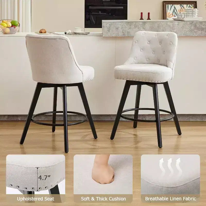 Juego de 2 taburetes de bar modernos giratorios, tapizados, reposapiés, respaldo y patas de metal, taburetes de bar de altura de encimera modernos para bar, isla de cocina