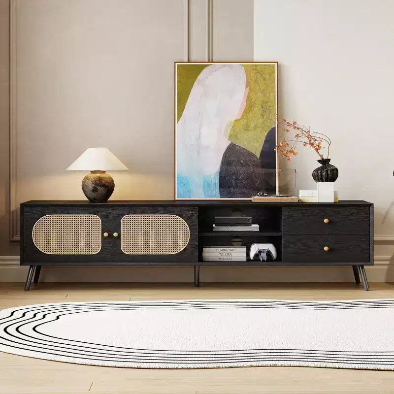 Mueble de TV de ratán con puertas para TV de 80 pulgadas, mesa de almacenamiento vintage para TV con cajones y estante abierto para sala de estar, negro