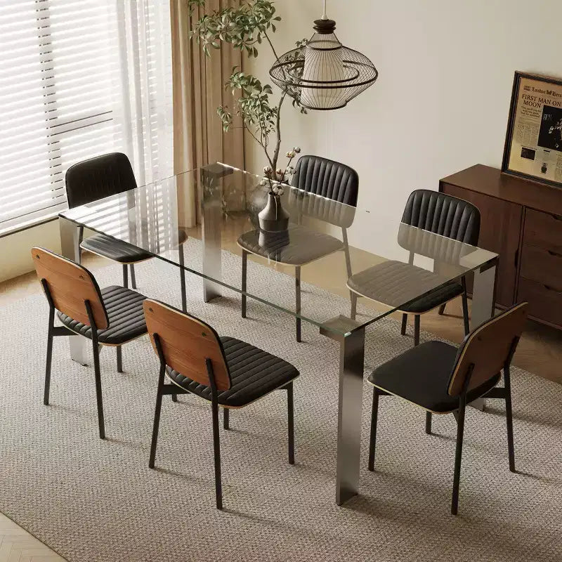 Mesa de comedor contemporánea de vidrio templado Luck Live con patas de acero inoxidable, mesa rectangular para 6-8 personas para comedor, sala de estar