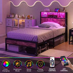 Base de cama de plataforma doble moderna GDFStudio Kian de metal con cabecera de almacenamiento, estación de carga y luces LED
