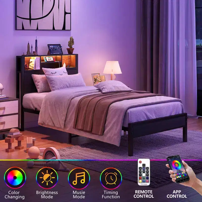 Base de cama de plataforma doble moderna GDFStudio Kian de metal con cabecera de almacenamiento, estación de carga y luces LED