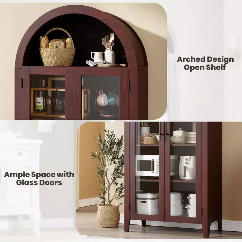 Mueble de despensa de cocina con arco - Estante de exhibición rústico de 5 niveles con estante ajustable y 2 puertas grandes de vidrio, armario de almacenamiento versátil