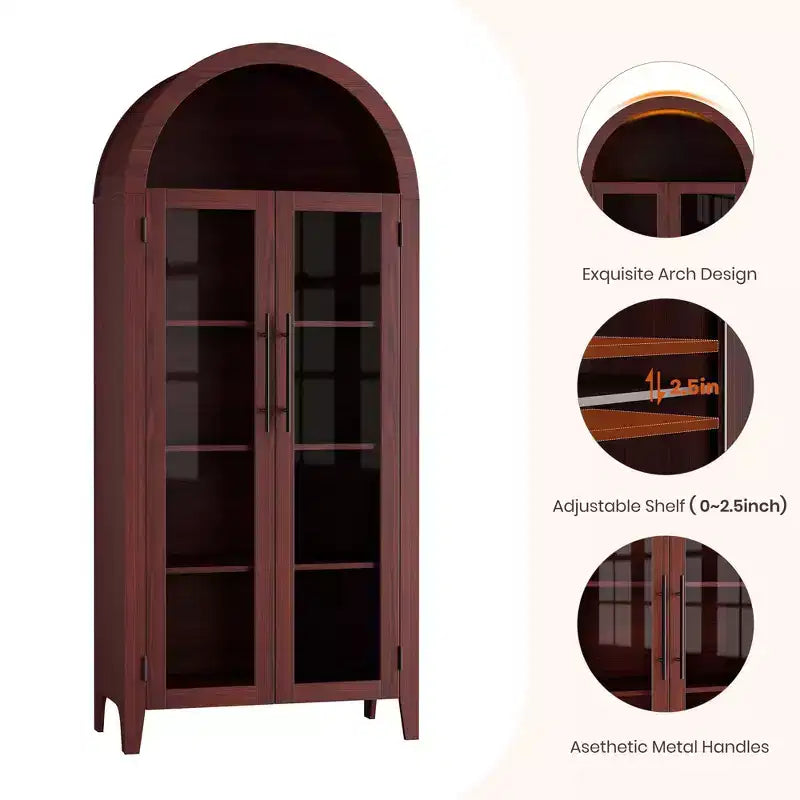 Mueble de despensa de cocina con arco - Estante de exhibición rústico de 5 niveles con estante ajustable y 2 puertas grandes de vidrio, armario de almacenamiento versátil