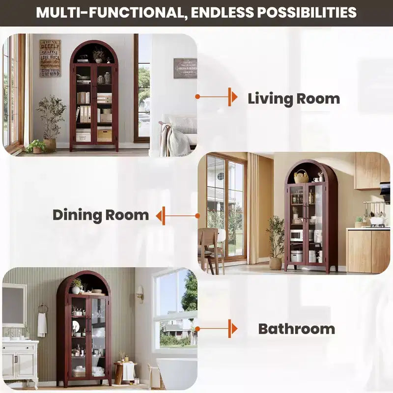 Mueble de despensa de cocina con arco - Estante de exhibición rústico de 5 niveles con estante ajustable y 2 puertas grandes de vidrio, armario de almacenamiento versátil