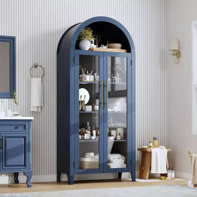 Mueble de despensa de cocina con arco - Estante de exhibición rústico de 5 niveles con estante ajustable y 2 puertas grandes de vidrio, armario de almacenamiento versátil