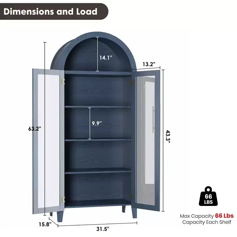 Mueble de despensa de cocina con arco - Estante de exhibición rústico de 5 niveles con estante ajustable y 2 puertas grandes de vidrio, armario de almacenamiento versátil
