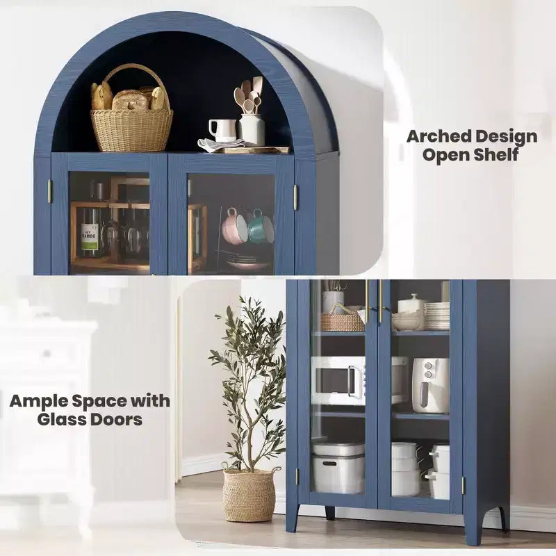 Mueble de despensa de cocina con arco - Estante de exhibición rústico de 5 niveles con estante ajustable y 2 puertas grandes de vidrio, armario de almacenamiento versátil