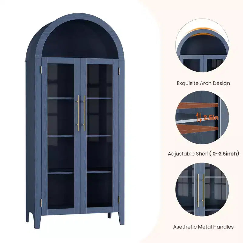 Mueble de despensa de cocina con arco - Estante de exhibición rústico de 5 niveles con estante ajustable y 2 puertas grandes de vidrio, armario de almacenamiento versátil