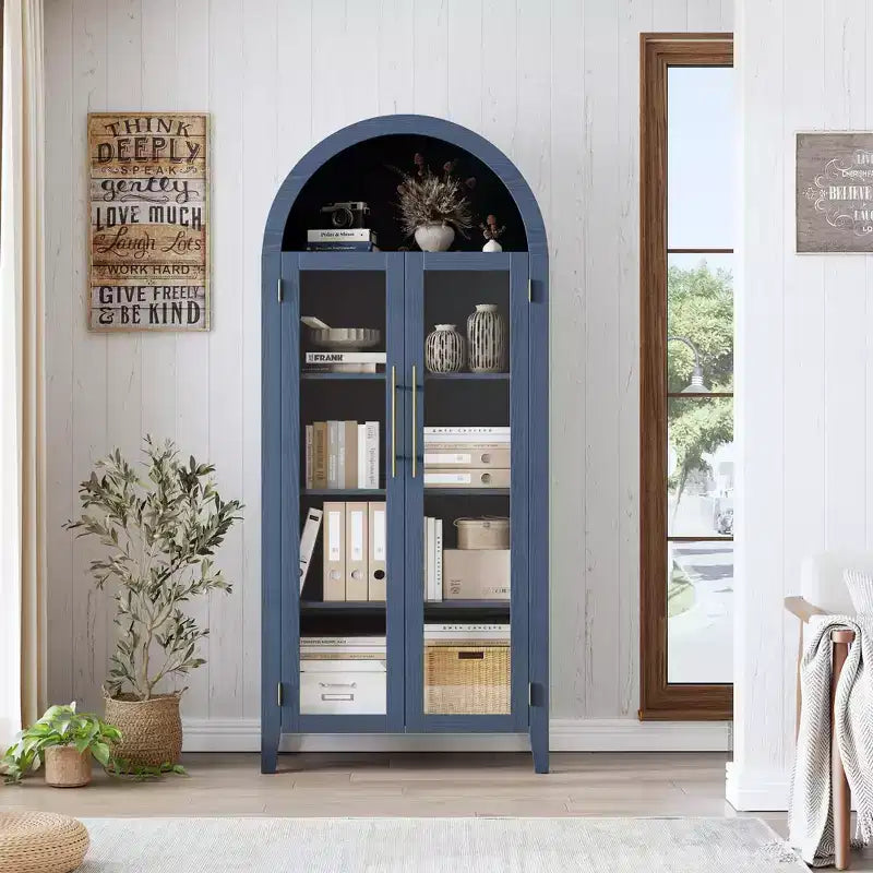 Mueble de despensa de cocina con arco - Estante de exhibición rústico de 5 niveles con estante ajustable y 2 puertas grandes de vidrio, armario de almacenamiento versátil
