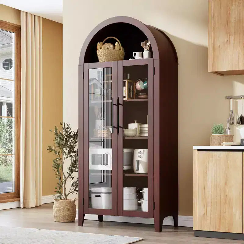 Mueble de despensa de cocina con arco - Estante de exhibición rústico de 5 niveles con estante ajustable y 2 puertas grandes de vidrio, armario de almacenamiento versátil